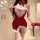 Mina christmas date night lingerie set - red sheer mesh babydoll with faux fur trim, elegant holiday sleepwear