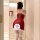 Red sheer mesh babydoll with faux fur trim, festive design perfect for holiday sleepwear.