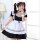 A girl wearing a black and white maid outfit with pigtails, posing indoors. the costume features ruffles and a corset design,...