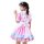 A girl wearing a pink and blue maid outfit with ruffles and a bow, perfect for lolita cosplay.