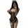 Woman wearing mist temptation lingerie set, a sheer black one-piece sleepwear dress with lace trim and polka dots.