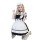 A woman poses wearing a miyano plus size japanese-style cosplay maid dress, featuring black and white colors with ruffles and...