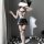 Moxin trendy cosplay lingerie set - student uniform style bodysuit with fishnet stockings & mesh top, featuring a sailor-styl...