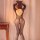 Woman wearing mystique leopard lace bodysuit, backless mesh lingerie with sheer stockings, posing by curtain.