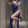 Woman wearing naben seductive lace sleepwear, a modest yet alluring blue babydoll chemise with high slit and delicate detaili...