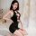 Woman wearing black night breeze sensual lace bra set for small bust women, seductive bedroom lingerie with playful costume d...