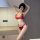 Woman modeling red lace lingerie set with matching bra and panty, featuring delicate straps and silk-feel fabric for a sexy, ...