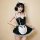 A woman models a black and white maid costume featuring an underwire push-up bra, lace trim, and a frilly apron, perfect for ...