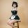 A woman poses in a black and white maid costume featuring lace details, an underwire push-up bra, and a charming apron, perfe...