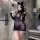 Woman in black sheer mesh lingerie with pearl details and cat ears, posing in bathroom mirror selfie.