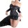 Woman wearing black lace bodycon mini dress with one-shoulder design, sheer sleeves, and secretary-style silhouette.