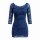 Blue lace bodycon mini dress with three-quarter sleeves and floral pattern, elegant and form-fitting design.