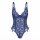 Blue lace bodysuit with sheer cut-outs, adjustable straps, and underwire support.