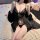 Elegant black night silk lace lingerie set featuring sheer mesh halter top and matching robe, perfect for seductive sleepwear...