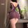 Woman wearing purple mesh night silk seductive maid costume set with pearl details, back view showing sexy secretary lingerie...