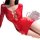 Woman wearing red mesh night silk seductive maid costume set with pearl details, long sleeves, and cutout front design.