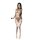 Woman wearing sheer lace bodysuit with open-crotch thong, straps, and stockings — night silk sensual lace bodysuit.