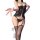 Woman modeling black lace bodysuit with sheer panels and cross-back straps, part of the night silk sensual lingerie set.
