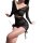 Woman wearing black sheer bodycon dress with long sleeves, deep v-neck, and side ties. night silk sensual sheer bodycon dress...