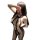Woman wearing black sheer mesh bodysuit with open-crotch design, posing with hand near face.