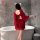 Red sheer lace sleep dress with open back and flowing sleeves, perfect for sensual nightwear.