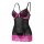 Sheer black mesh mini dress with pink lace trim and bow, paired with matching thong – seductive night silk lingerie set.