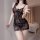 Sexy black lace nightgown with delicate bow detail, thin straps, satin-like texture, perfect for women seeking elegant sleepw...