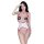 Woman modeling white and red open-crotch bodysuit with sheer lace detailing, designed as seductive sleepwear for couples.