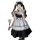 A person wearing a maid costume, featuring a black and white dress with lace details, holding a feathered fan.