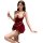 A woman poses elegantly in a red french-style velvet lace sleep set, featuring delicate lace details and pearl accents, perfe...