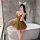 Woman in shiny gold nightse lace slip dress with cat ears, posing in bathroom. modest yet alluring clubwear bodysuit for smal...
