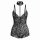 Black lace halter bodysuit with floral pattern and matching choker, elegant backless lingerie set for women.