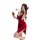A woman poses elegantly in a red velvet deep v neckline nightgown with lace detailing and a cross-back design, holding a glas...