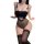 Woman wearing black sheer mesh nightsigh lace bodysuit with cut-out details and open-crotch design, paired with lace-top stoc...