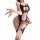 Woman modeling black nightsigh lace bodysuit, a sheer mesh halter bodystocking with intricate cutouts and no-remove design.