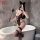 Woman in black nightsigh lace bodysuit with cut-outs, sheer mesh, open-crotch design, posing by bathtub with cat ears and fea...