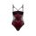 Burgundy satin lace bodysuit with black trim, strappy back, and open-crotch design for seductive sleepwear or roleplay.