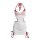 White and red nurse costume bodysuit with chest cutout, tight skirt, and matching headpiece for alluring cosplay.
