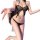 Woman wearing black butterfly lingerie set with tie-dye belly top and matching bottoms, flirty uniform style.