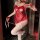 Woman in red sheer mesh nightsigh bunny girl costume with open-crotch design, holding rope for role play or christmas cosplay...