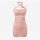 Pink sheer bodycon nursing dress with ruched bodice, floral halter straps, and peekaboo mesh details.