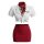 White cropped blouse with red scarf and gold wings, paired with a red mini skirt.