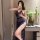A woman poses in a navy blue lace babydoll nightgown by nightsiyese, featuring a seductive design with a side slit and delica...
