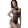 Woman wearing black sheer lace bodysuit with halter neck and circular cutouts, posing seductively against white background.