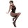 A woman poses in a black sheer bodysuit paired with sheer stockings featuring sadr text, showcasing a seductive design.