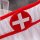 Close-up of red cross emblem on white mesh nurse costume lingerie set with lace trim and open design for role play.