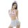 Woman wearing white nurse costume lingerie set with red cross details, featuring halter top and pleated skirt for adult role ...