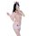Woman modeling pink nurse costume lingerie set with side-tie straps, sheer bra, mini skirt, and matching hat.