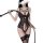 Woman in black lace lingerie set with stockings and whip, featuring a seductive nurse costume design for role play.