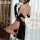 Vintage-inspired black high-slit qipao with seductive backless design, perfect for role play outfits.